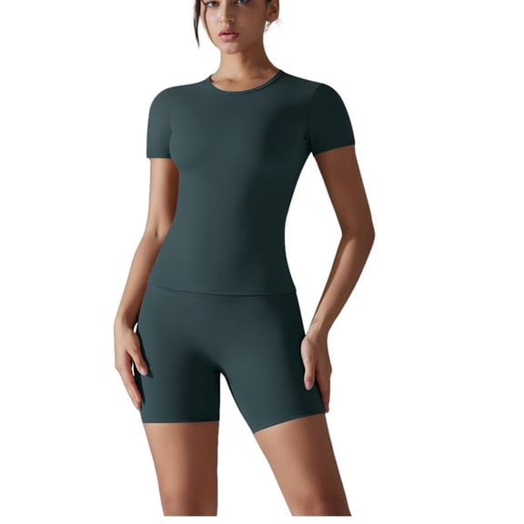 2 Piece Workout Sets for Women Tight Short Sleeve Shirt Gym Biker Shorts Outfits Matching Set Sweatsuits