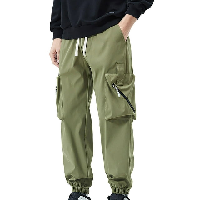 Enjoytime Men's Cargo Pants Solid Color Elastic Waist Drawstring Tapered Trousers Running Athletic Active Plus Size Work Pants Army Green L
