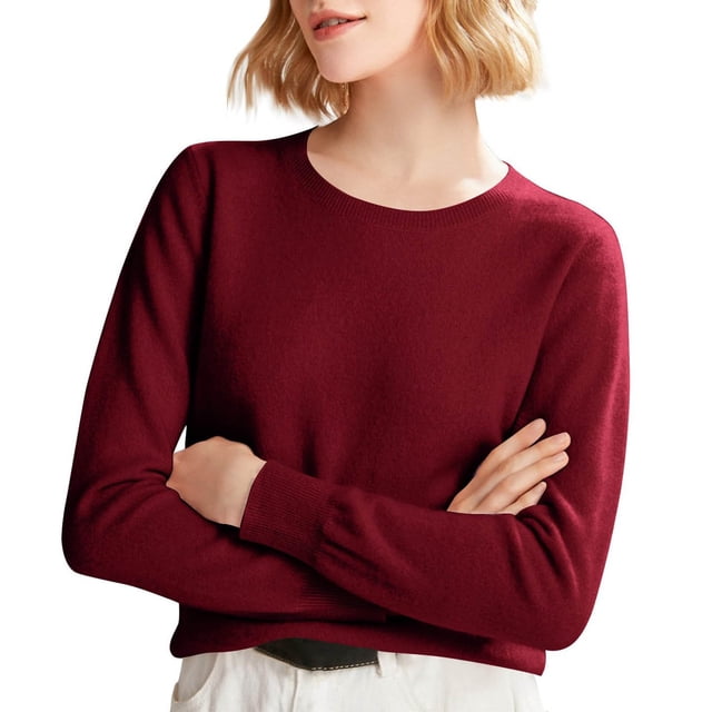 Chandails Confortables pour Femmes! Fadeal Chandail Tricoté Uni Printemps et Automne Hiver avec Col Rond et Style à Manches Longues pour Femmes Vin TG