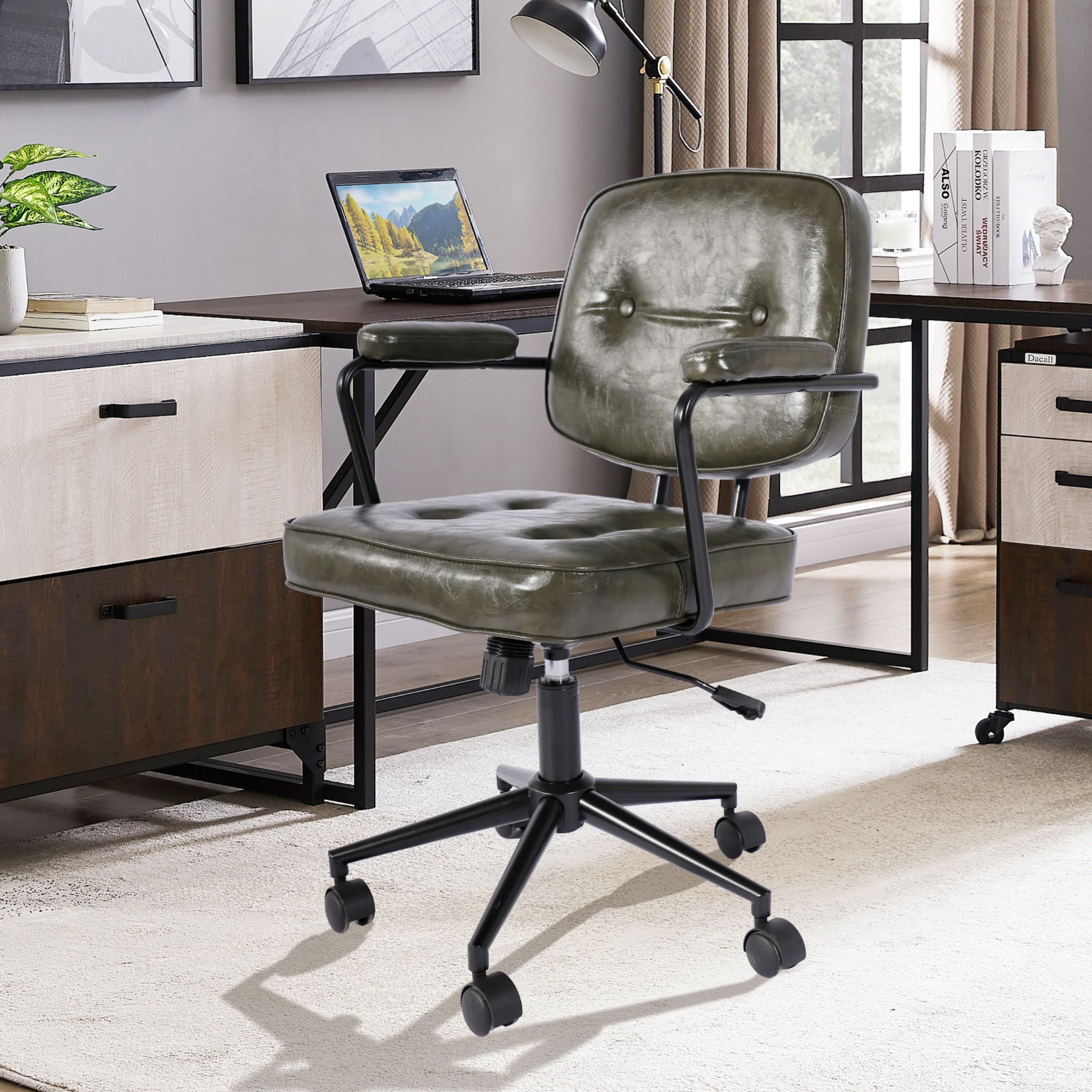 TPHORK Retro PU Leather Office Chair,Mid Back Swivel Task Chair with Wheels and Arms,Height and Backrest Adjustable Home Office Desk Computer Chair,Green