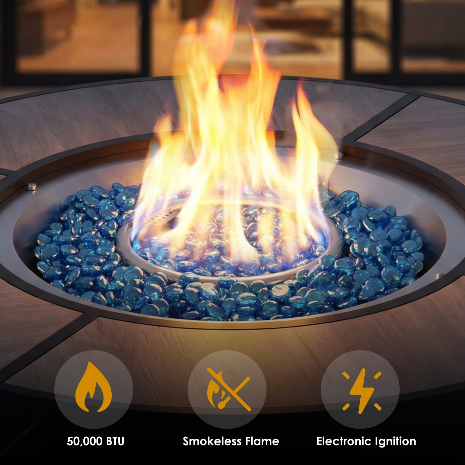 LIFERUN Propane Fire Pit Table 30in, with Waterproof Cover, Blue Stone and Lid, 50,000 BTU Auto-Ignition Round Gas, for Outside Patio, Gray