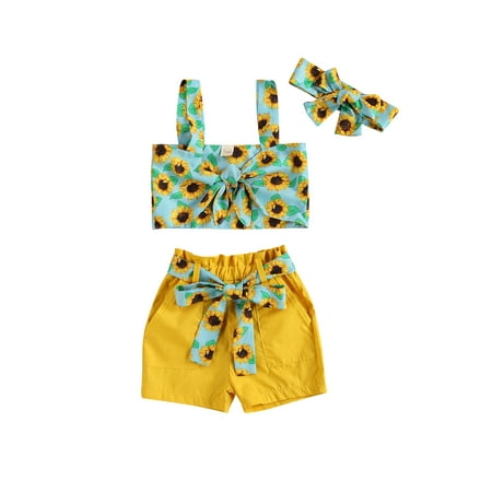 

Carolilly Baby Girl Tops Pants Summer Pockets Shorts Suit Waist Band Yellow