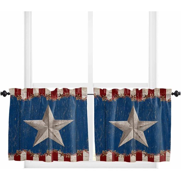 American Flag Kitchen Curtains,USA Fourth of July Independence Day Kitchen Valances Short Cafe Tier Curtains for Living Dining Room Decor Rod Pocket Window Drapes 24 Inch Length 2 Panels Set