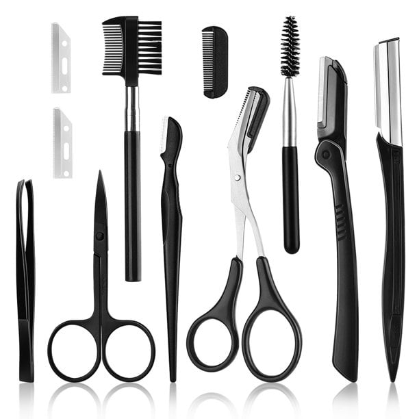 LANMOK Eyebrow Tweezers Kit 11Pcs Eyebrow Tool Grooming and Trimming Kit Eyebrow Razor, Shaping Scissors & Brush for Women
