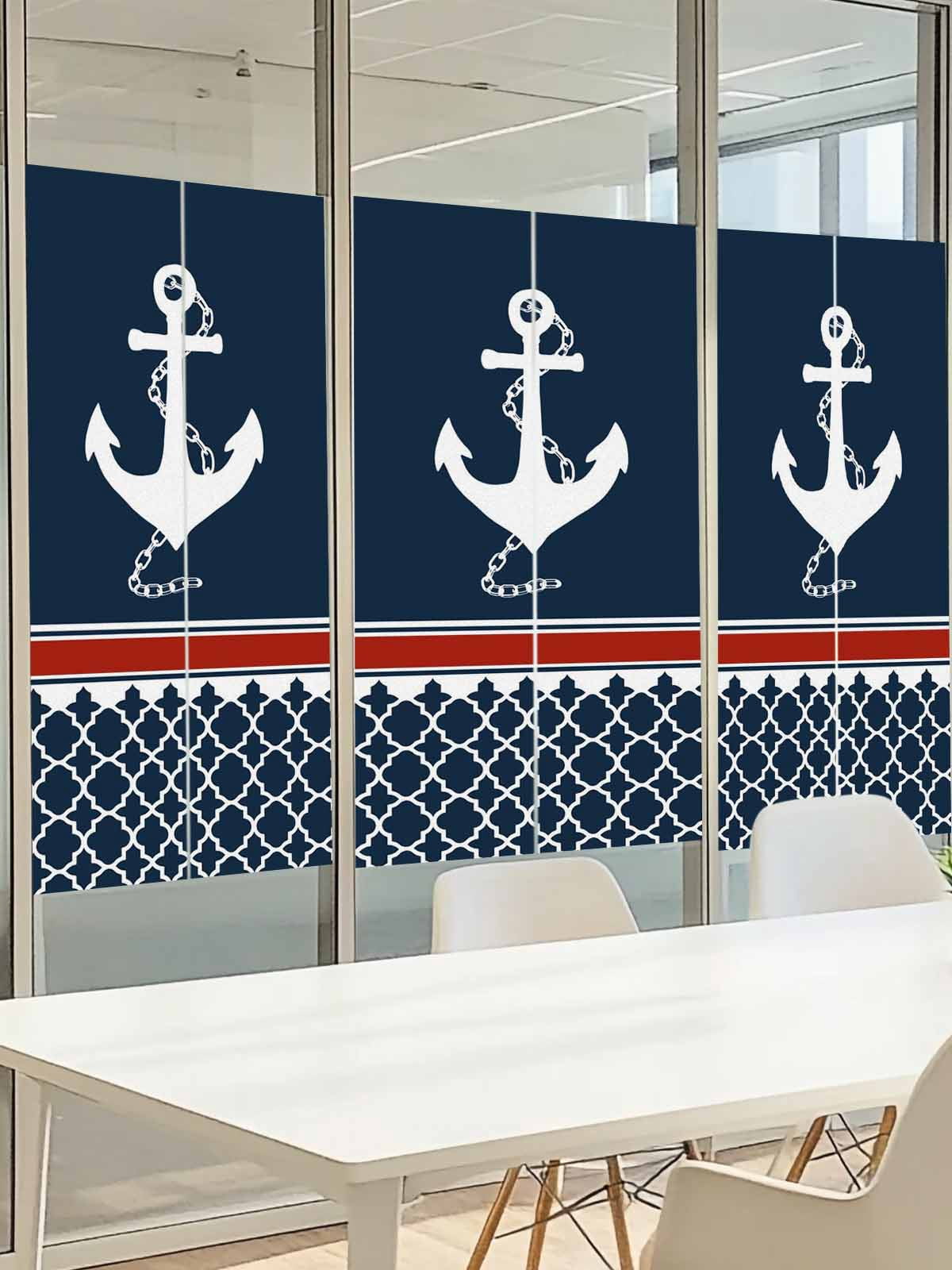 Nautical Anchorage Window Privacy Film, Nautical Anchor Red Stripe Plaid Navy Blue Frosted Glass Window Clings Static Cling UV Heat Blocking Reusable Door Sticker for Bathroom 23.6 x 59 Inch