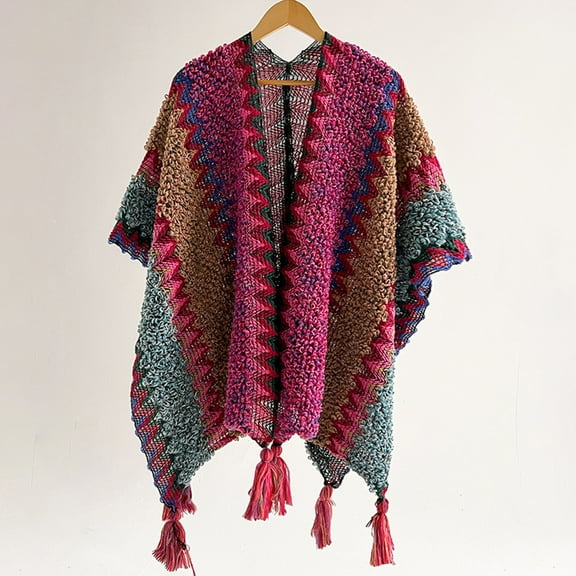 IDALL Scarf for Women,Shawl Wraps Women's Autumn And Winter New Thickened Knitted Tassel Retro Split Scarf Shawl Ponchos Hot Pink