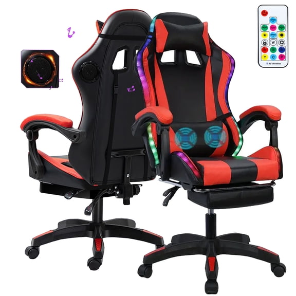 Baellsa Gaming Chair, Computer Chair with Bluetooth Speakers and RGB LED Lights, High Back Ergonomic Chair for Adults with Footrest and Linkage Armrests& Headrest Lumbar Support