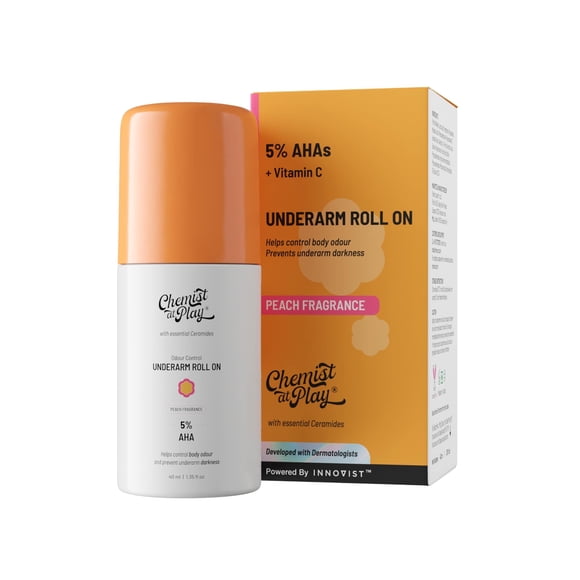 Chemist at Play Desodorante roll-on para las axilas con 5% de ácido láctico y 1% de ácido mandélico Previene el olor Ilumina la piel y exfolia las axilas Fragancia duradera de melocotón para unisex 1.