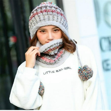 DOPI Stylish Hats Womens Color Block Warm Plus Thicken Scarf And Hat Two-Piece Knit Windproof Cap(2pack)