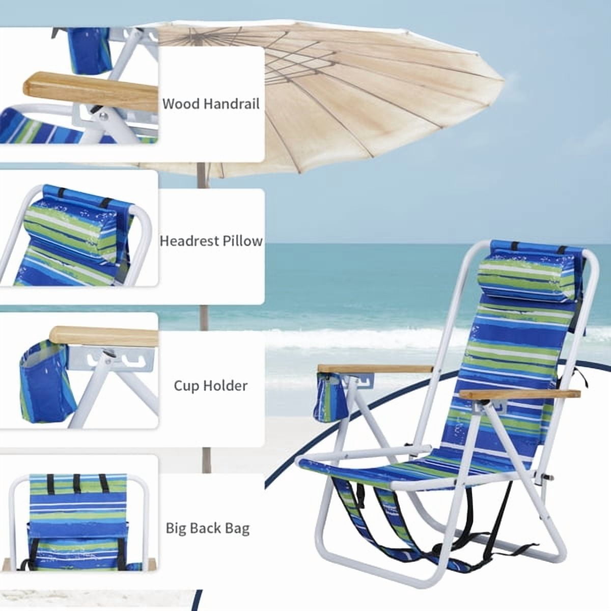 Folding Beach Chair with 4 Recline Positions, Camping Chair Backpack Straps, Wooden Armrests & Cup Holder, 265lb Capacity