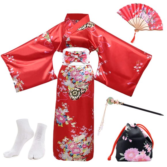 Conjunto de vestido kimono Costume PLULON para mujer con accesorios