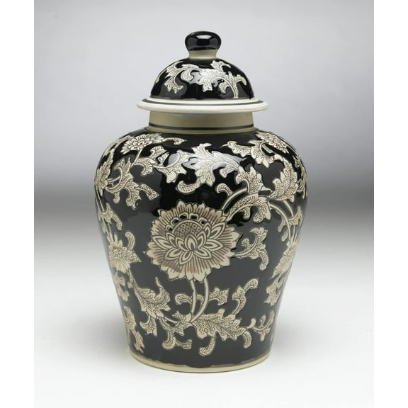59727 Black And Cream Floral Ceramic Ginger Jar 10 Inches High