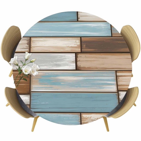Blue Beige Brown Vintage Round Tablecloth, Fitted Table Cover with Elastic for 36"-44" Round Tables, Retro Farmhouse Elegant Pastoral Table Cloth Outdoor Indoor Dinning Party Waterproof Tablecloths