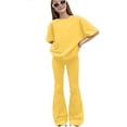 thumbnail image 4 of YMNXA Kids Girls Two Piece Outfit Short Sleeve Round Neck Solid Color Top And Flared Pants Fashion Breathable Sets For Everyday Wear,Yellow,10-11 Years, 4 of 4