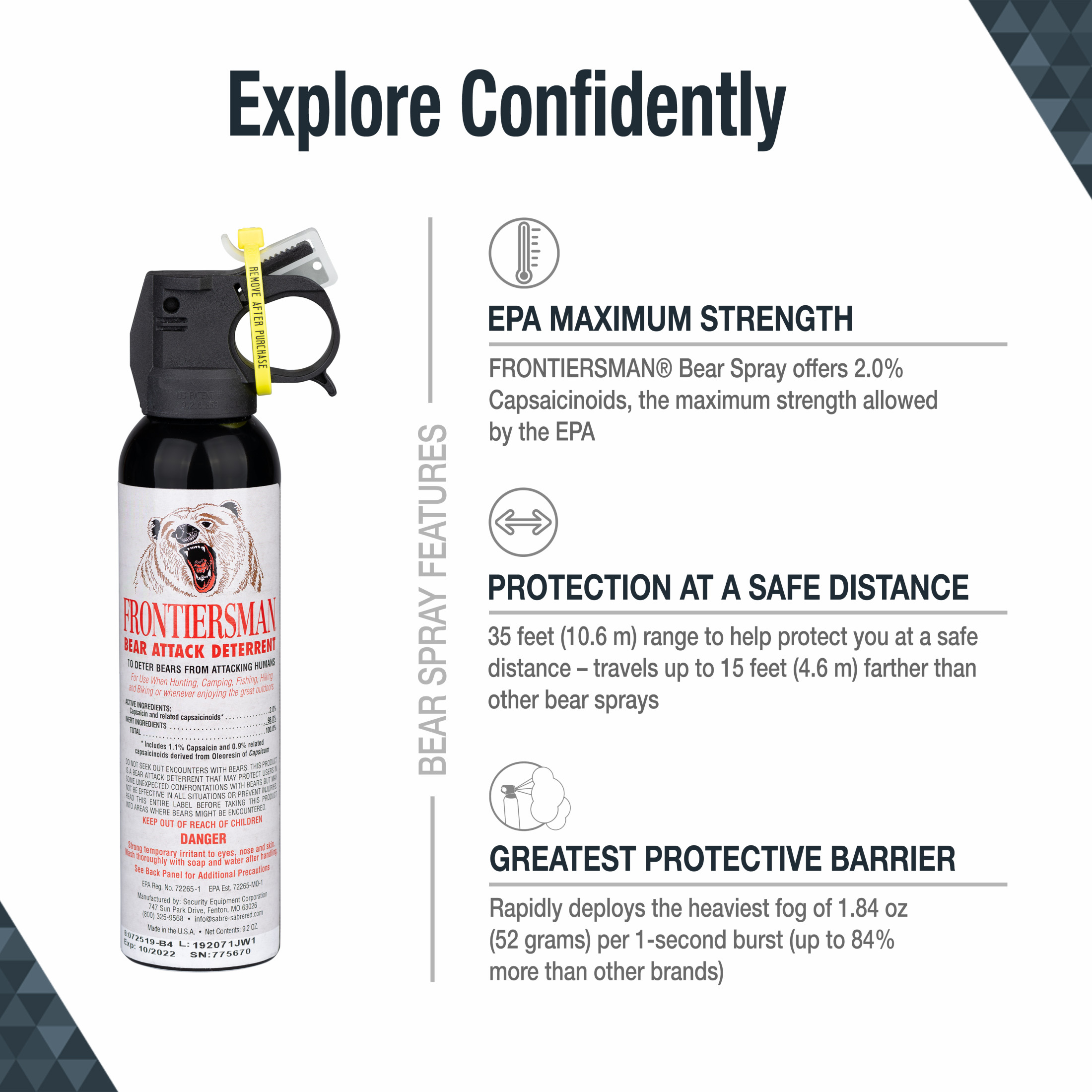 SABRE Frontiersman 9.2 Ounce Bear Spray Deterrent, 35-Foot Range, White, 9.5 in. - image 4 of 9