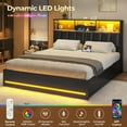 thumbnail image 3 of Queen Size Bed Frame with Bookcase Headboard, Wooden Bed Frame Queen Size with Charging Station, 4 Storage Drawers and LED Lights, with Type-C and USB, No Box Spring Needed, Black, 3 of 6