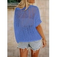 thumbnail image 3 of Womens Summer Scoop Neck Short Sleeve Sweater Casual Crochet Hollow Out Knit Tops Pullover Shirts Beach Blue M, 3 of 4