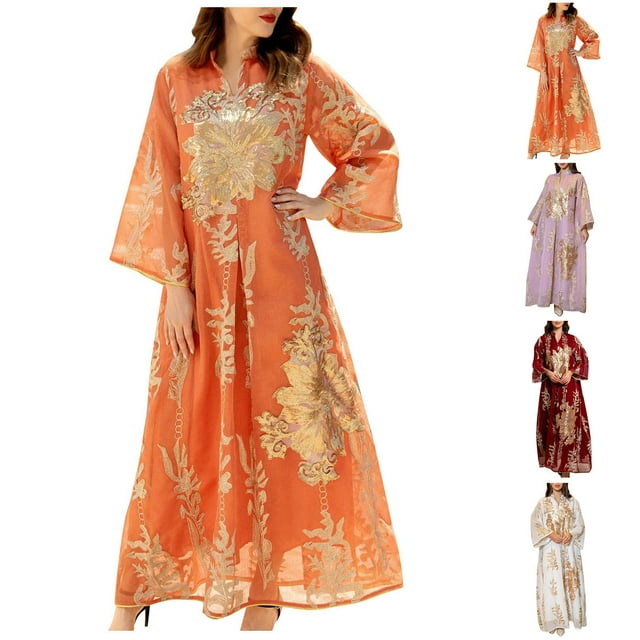 Sentmoon Vacation Dress Long Sleeve Crew Neck Graduation Dress with Print Loose Breathable Oversized Cocktail Dresses for Wedding Guest Comfy for Weekend Brunch Orange L