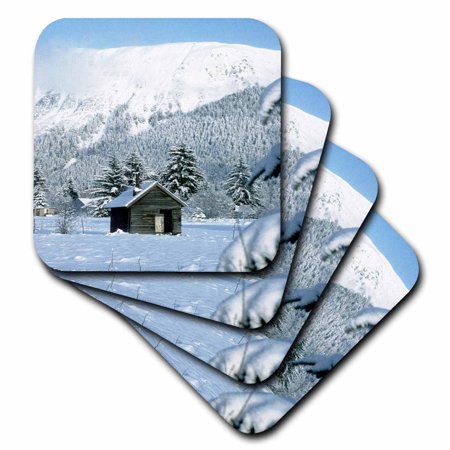 

3dRose Mountain Cabin In The Snow - Soft Coasters set of 4