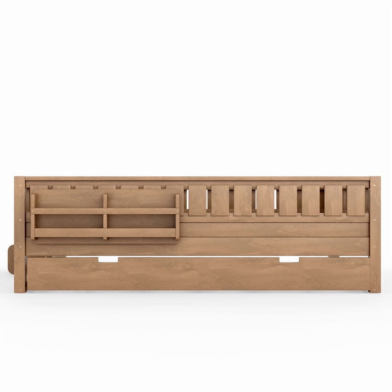 Queen Size Low-Profile Kid's Platform Bed with Built-in Bookshelves & Small Staircase, Wooden Bed Frame with Safety Rails & Trundle