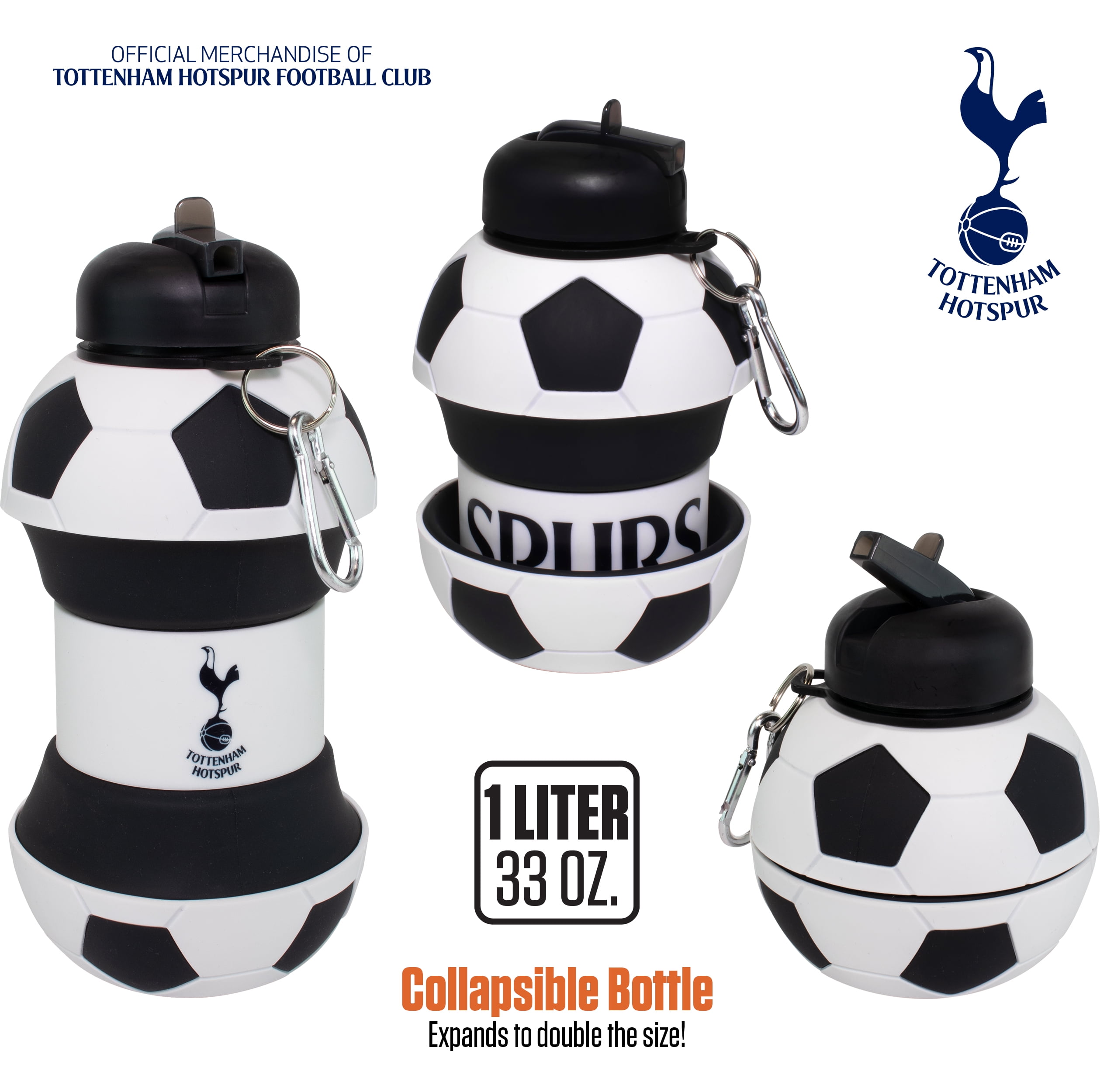 MACCABI ART Tottenham Clip-On Collapsible 1 Liter, 34 oz. size BPA-Free Silicone Soccert Large Water Bottle for Kids