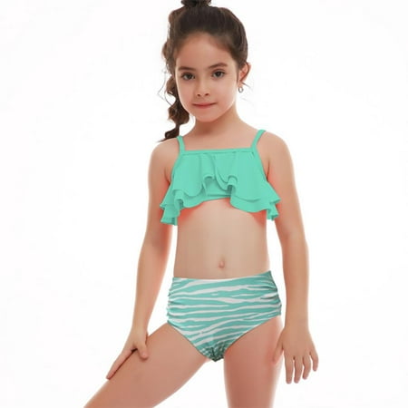 

LOVEBAY 2-12T Toddler Girls Ruffled Swimsuits Two-Pieces Bathing Suits Cami Crop Top And Striped Bikini Bottoms Quick Dry Swimwear Kids Sunsuit Tankini Suit for Summer Vacation (Green)