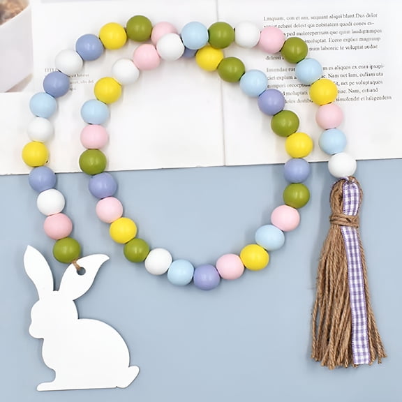 LAMIRO Easter Wood Bead Garland with Tassels Bunny Tag Colorful Rabbit Prayer Boho Beads for Holiday Party Farmhouse Rustic Country Decorations Wall Hanging-33.5"