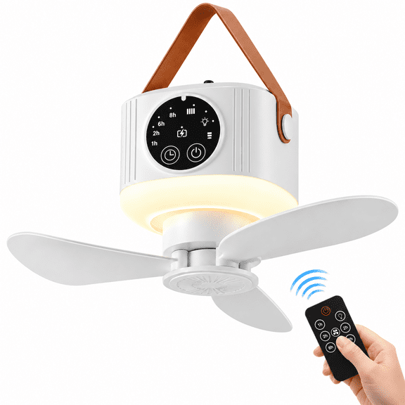 Merryhome 2 in 1 Portable Camping Fan with Light, 7200mAh Rechargeable Tent Fan with Remote, Digital Display, 4 Speeds, 4 Timer Settings, LED Lantern for Camping RV Travel, White
