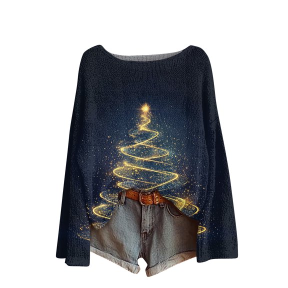WTOBBY Women's Christmas Holiday Print Knit Sweater Top, Long Sleeve Round Neck Casual Pullover, Festive Seasonal Tops for Fall and Winter Outfits and Holiday Parties,Black L