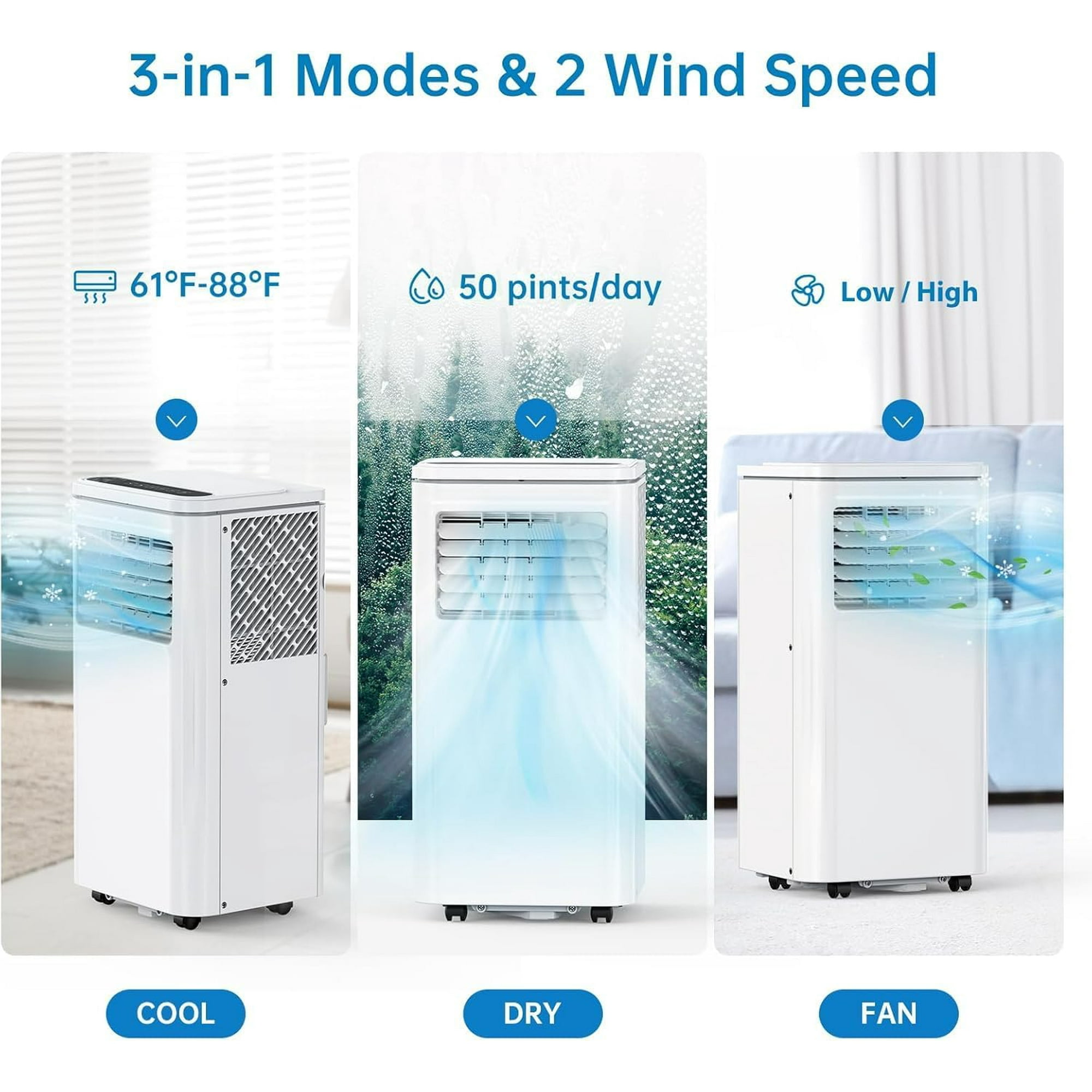 8 000 BTU Portable Air Conditioner 3-In-1 Cooling,Dehumidifier & Fan With LED Display,24-Hour Timer, Remote Control,Casters & 59-Inch Exhaust Hose With Window Kit for Up to 350 Sq Ft