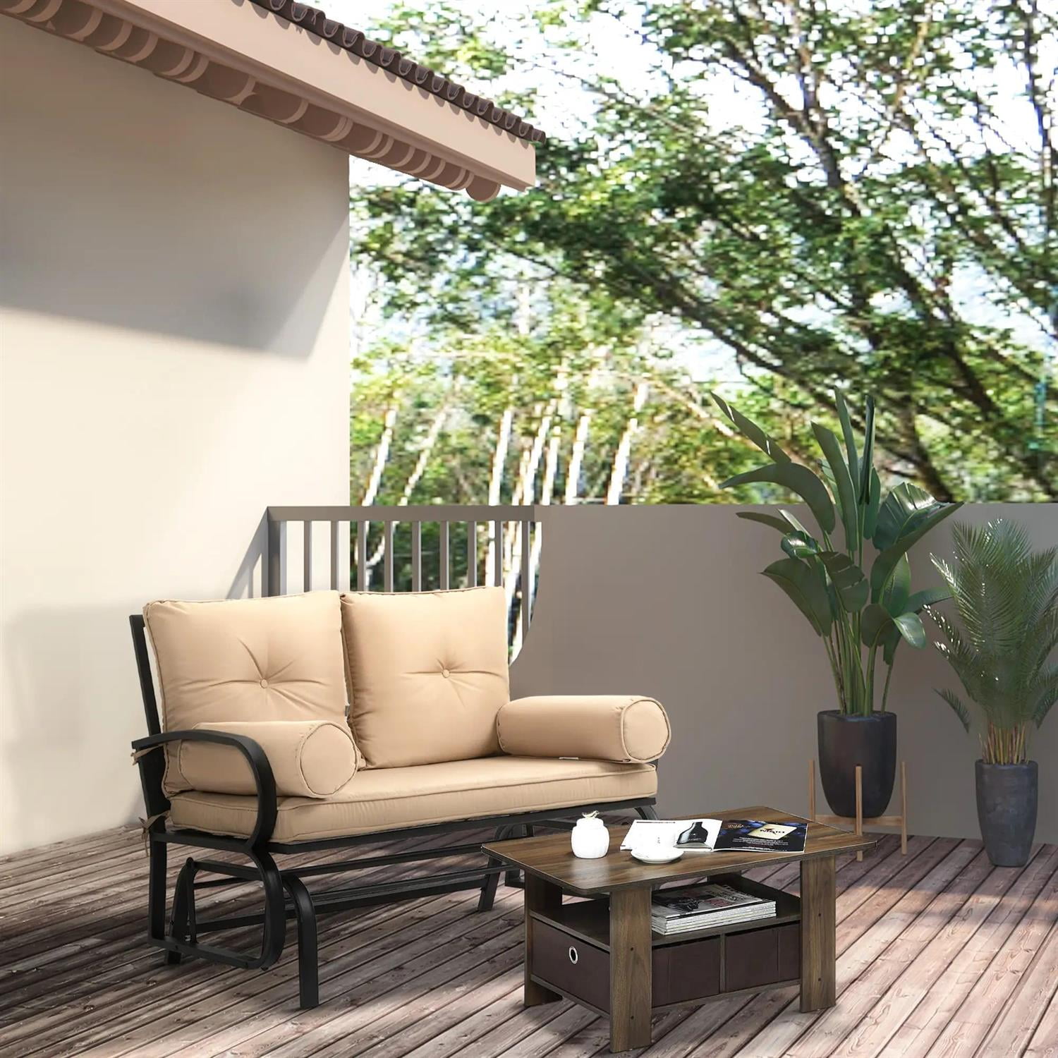 Demi Bonn Outdoor Glider Chairs Swing Glider Rocking Chair, Double Patio Bench, 2 Person Loveseat with Steel Frame, Cushions, Pillow Armrests, Beige