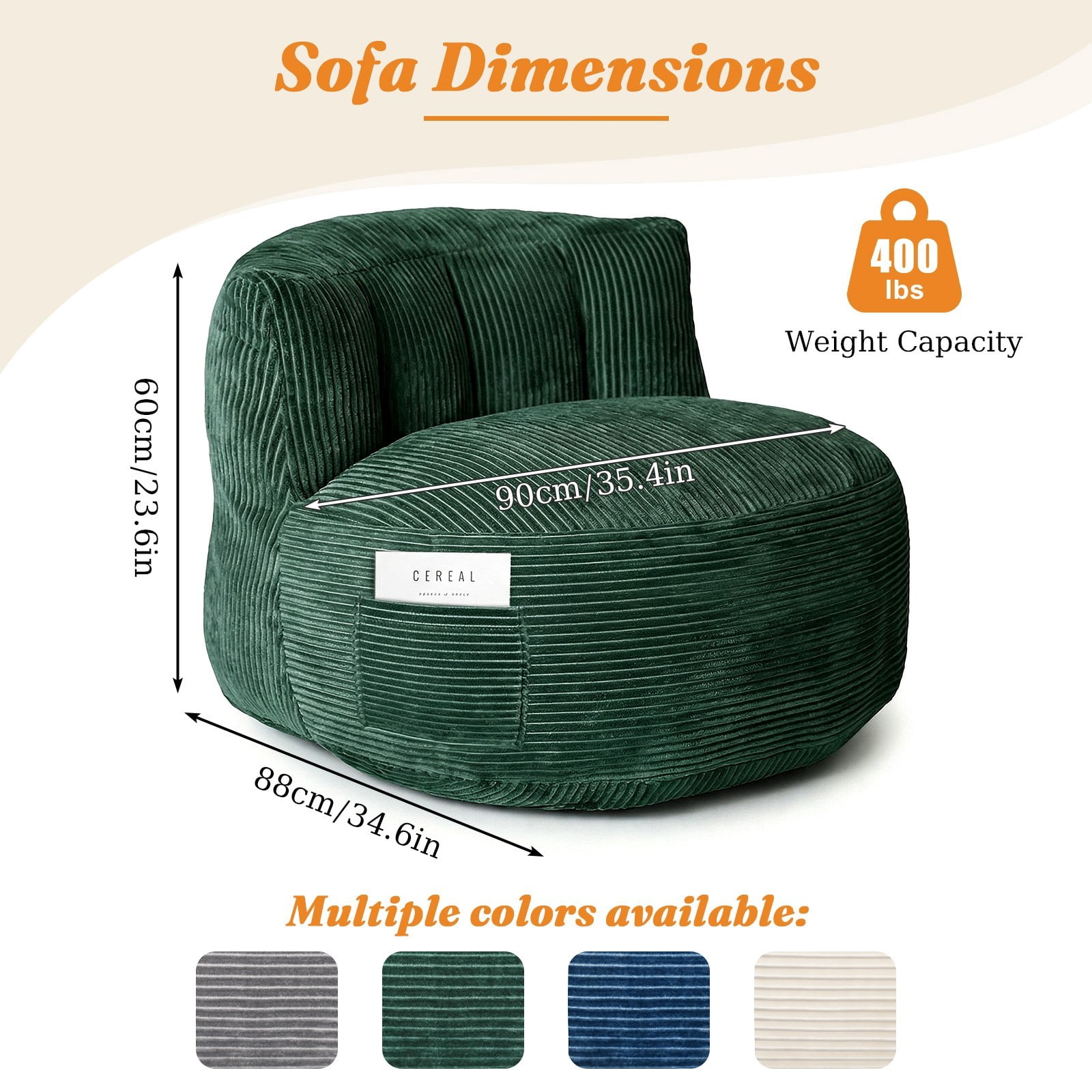 TOPCHANCES Large Bean Bag Chair for Adults, Crushed Foam Floor Chair with Storage Pocket & Carry Handle,  Indoor Lazy Lounger Sofa for Living Room Bedroom, Dark Green