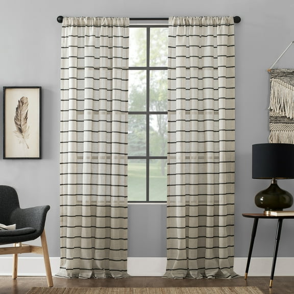 Clean Window Twill Stripe Anti-Dust Linen Blend Sheer Curtain Panel, 52"x63", 52"x63", Black/Linen