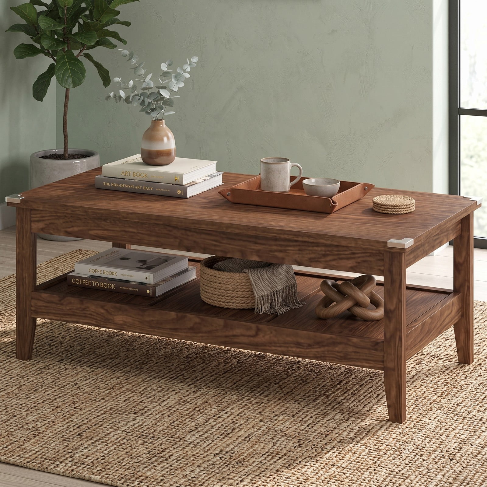 Furnibear Farmhouse Coffee Table, 2-Tier Rustic Cocktail Center Table with Thickened Tabletop and Open Storage Shelf for Living Room, Engineered Wood Rectangle, Walnut