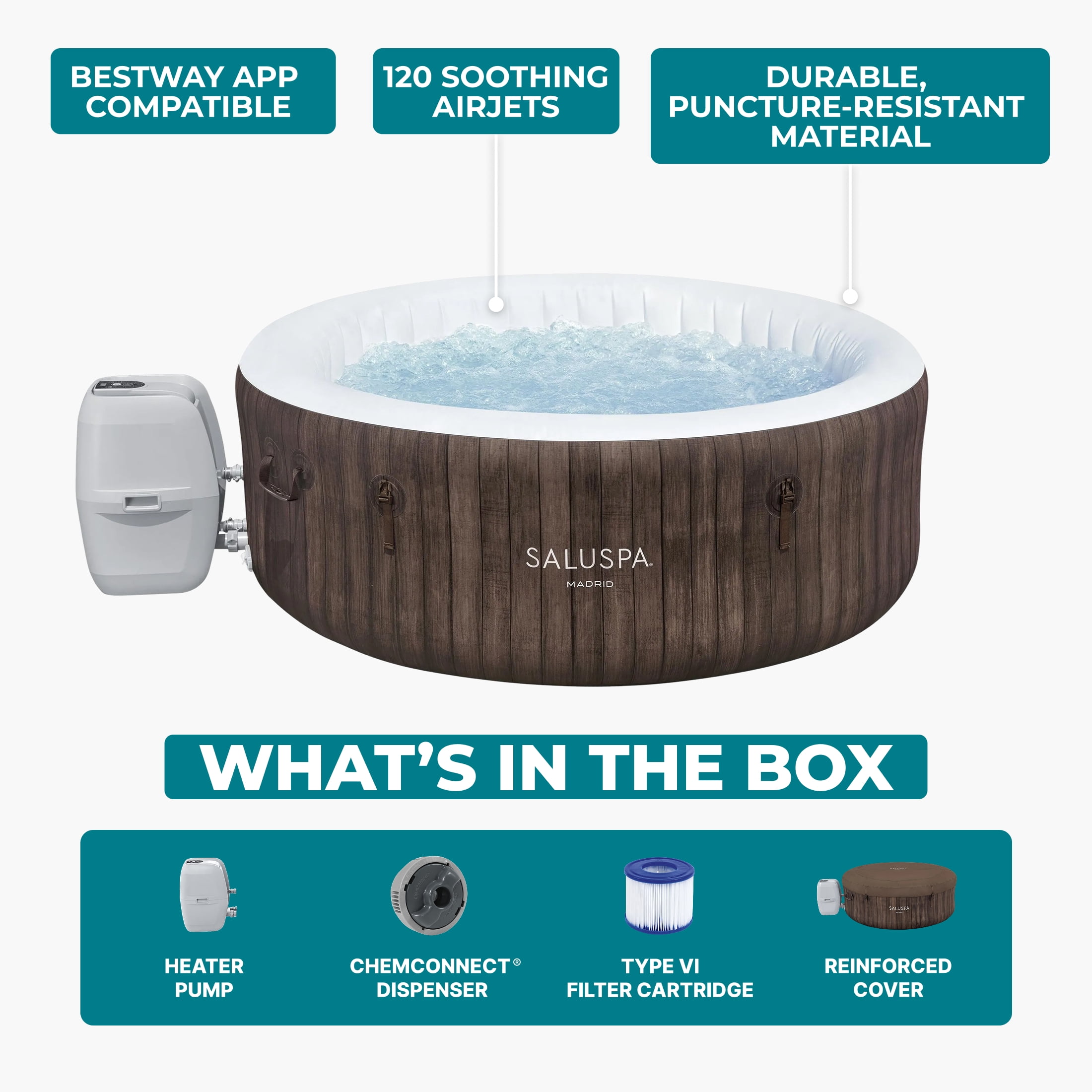 SaluSpa® Madrid Smart AirJet Outdoor Round Inflatable Hot Tub with App Control 2-4 Person with Pump #P09144