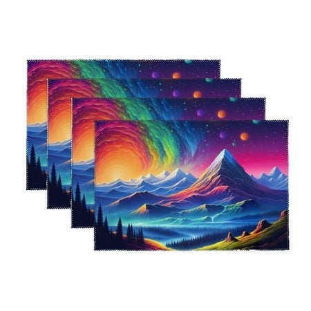 

Wuche Mountain Rainbow Stars Canvas Placemats Set of 4 for Party Kitchen Dining Decoration 11.8*17.7in