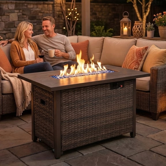 TANGJEAMER42" 55,000 BTU Outdoor Propane Fire Pit Table with Tempered Glass Beads – Hand-Woven Rattan Design with Pull-Out Drawer & Protective Lid