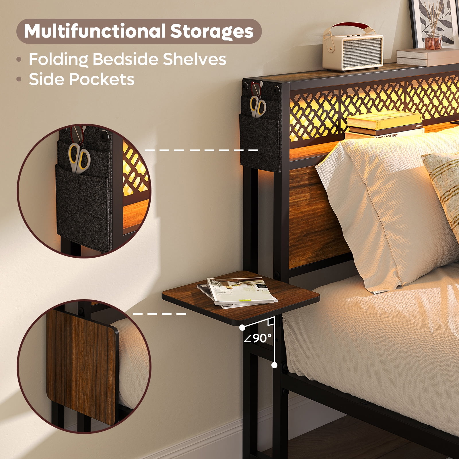 Bestier Full Size Platform Bed Frame with Wood Foldable Bedside Shelves and LED Storage Headboard Charge Station, Walnut