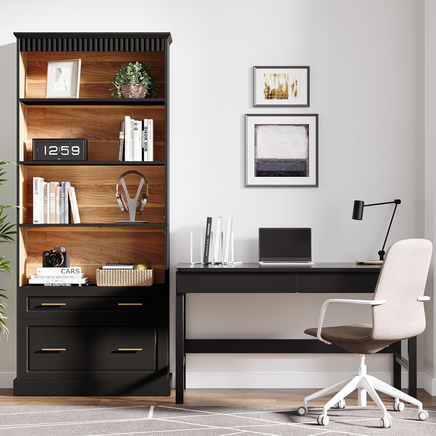 Tribesigns 5-Shelf Bookcase with File Cabinet Drawer, Modern Storage Shelf for Living Room, Black