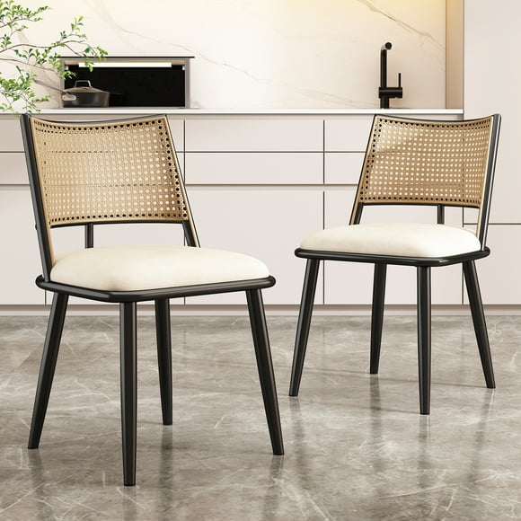 Noble House Modern Dining Chairs Set of 2, PU Upholstered Easy-Clean Seats with PE Rattan Back,Black + Natural