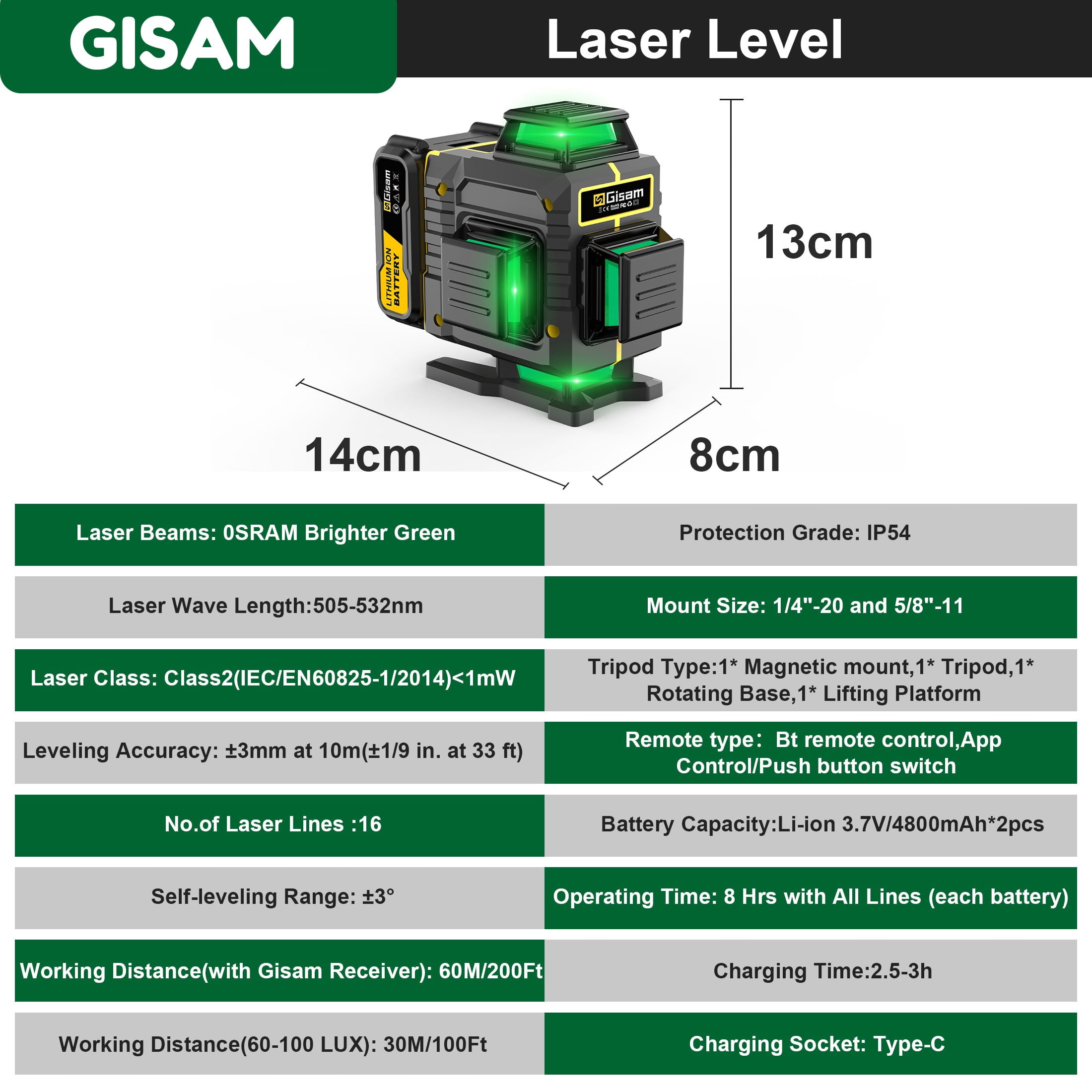 Gisam Laser Level,  4x360° Self-Leveling Green Cross Line 4D 16 Lines Laser  Metal Window Tool with Remote Control , 2* 4800mAh Battery, Magnetic & Liftable Bracket