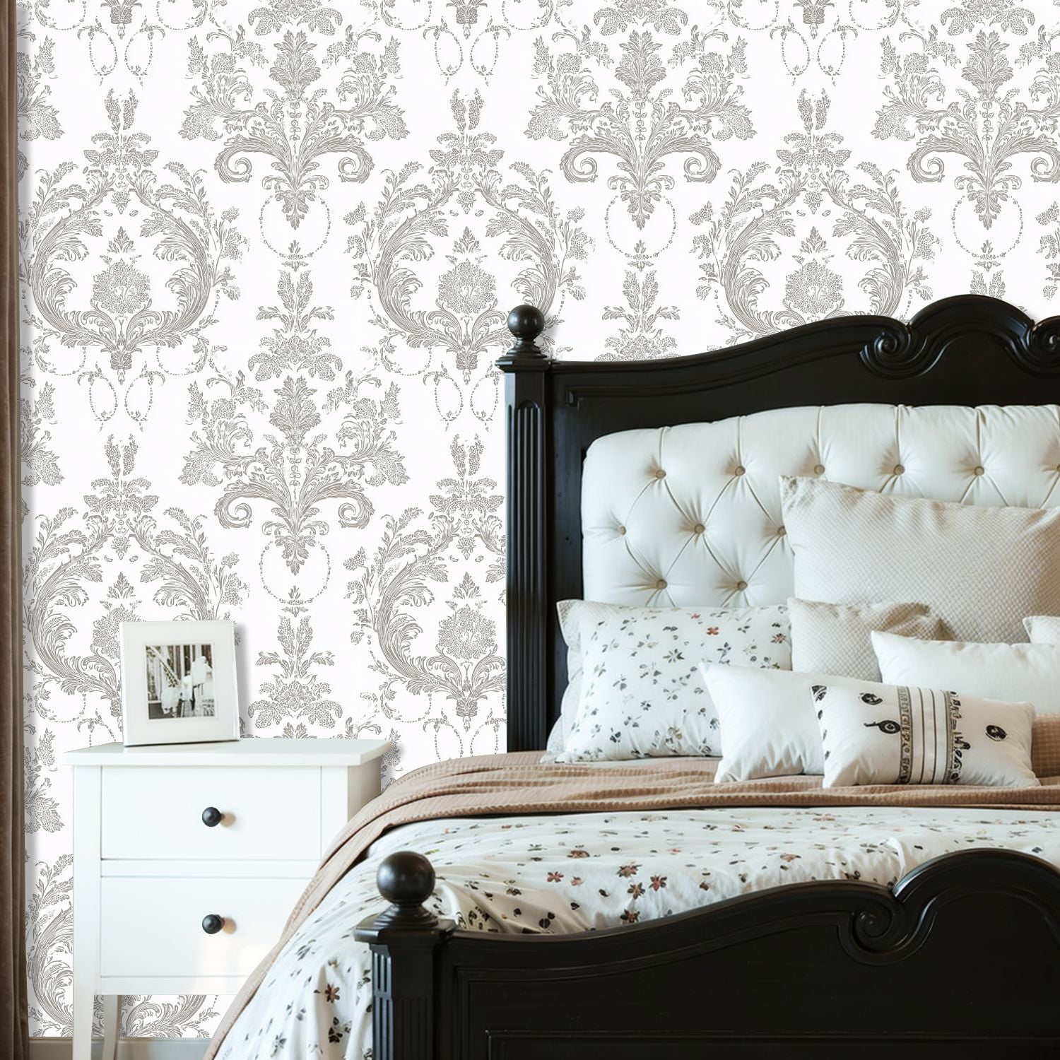 Vintage Peel and Stick Wallpaper 23.6in x 9.8ft Elegant Grey Floral Damask Ornate Baroque Style Motifs Contact Paper Vinyl Waterproof Self Adhesive Wall Paper for Bedroom Shelf Cabinet
