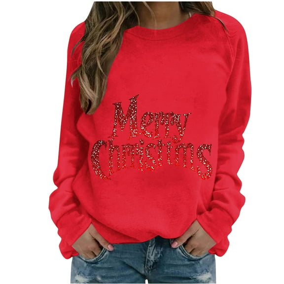 Cavosen Christmas Tops for Women Crew Neck Long Sleeve Ugly Pullover Letter Graphic Solid Stretch Loose Blouses Party Shirt Tops