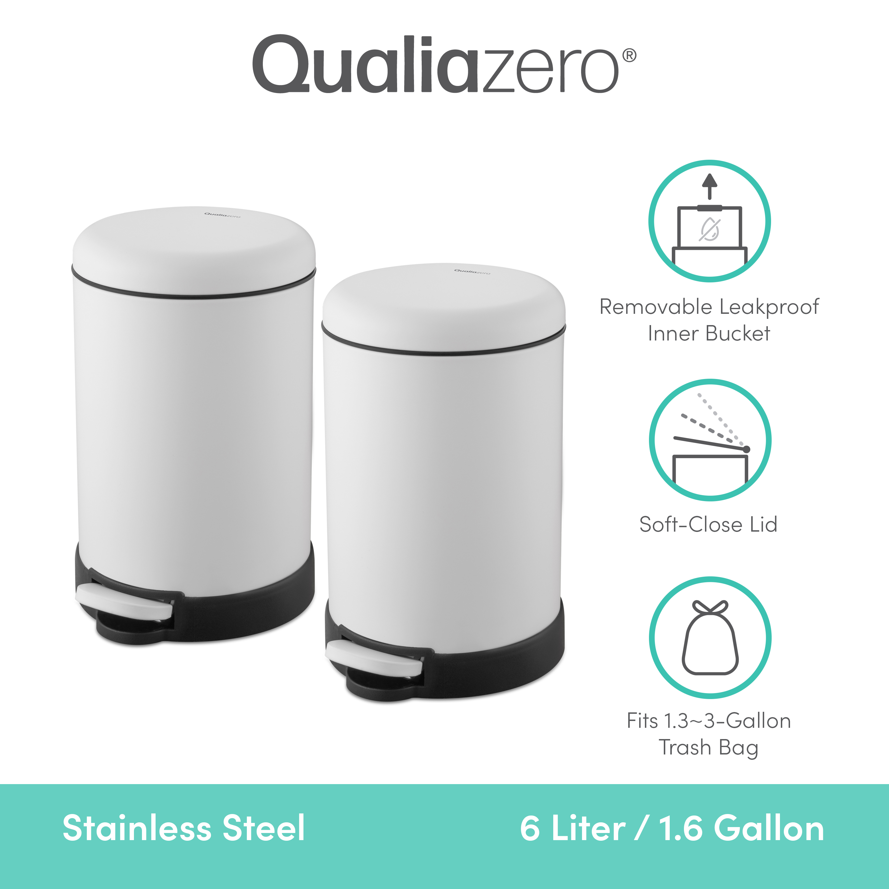 Qualiazero Bathroom Trash Can Combo, 1.6 Gallon Stainless Steel Step Garbage Bin with Soft Close Lid, Matte White, Pack of 2