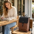 thumbnail image 3 of Vintage PU Leather Backpack for Men Women, Retro British Style School Bag with 15.6 Inch Laptop Compartment, Large Capacity Waterproof Travel Daypack with Flap & Buckle Closure, Brown/Black, 3 of 5