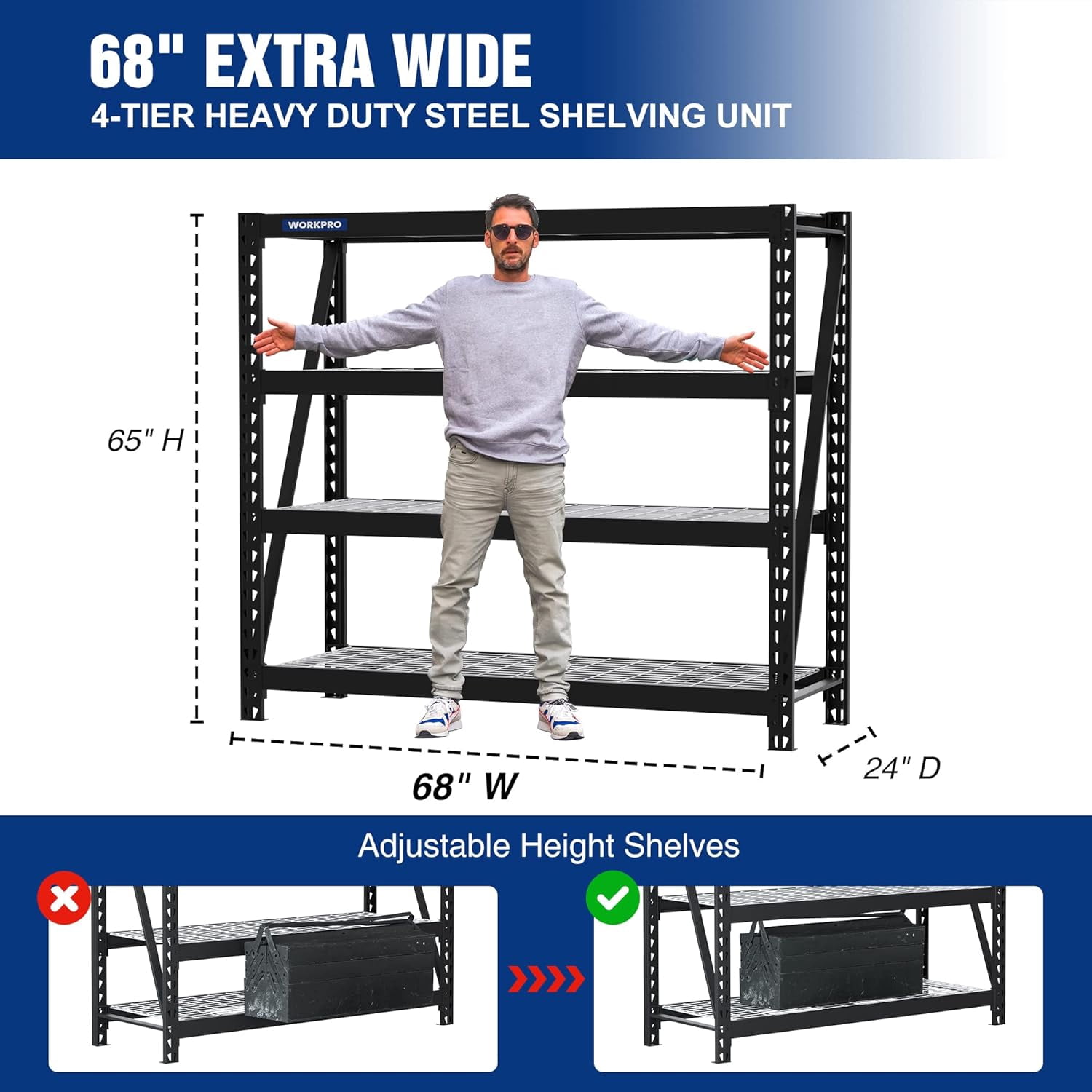 WORKPRO 7200lbs 68" Ultra Wide 4-Tier Metal Garage Storage Shelves, Heavy Duty Adjustable Storage Rack for Basement, Warehouse, Workshop, 68"W x 24"D x 65"H