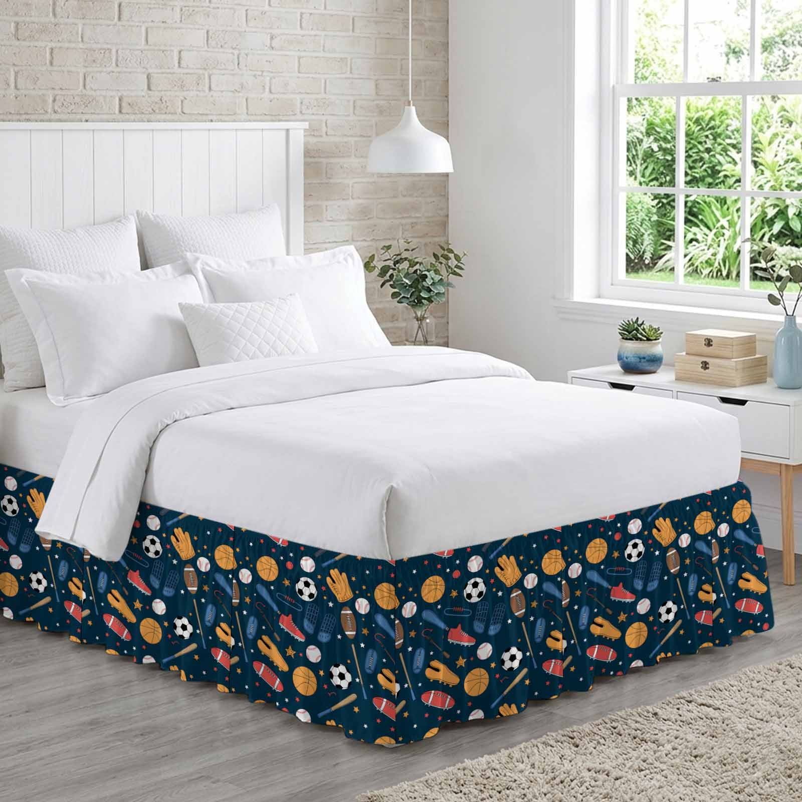 Sports Theme Bed Skirt Queen Size,Cartoon Soccer Baseball Basketball Star Blue Wrap Around Bed Skirting with Adjustable Elastic Strap,Dust Ruffle Pleated Bedskirts 16 Inch Drop for Bedroom Queen Beds