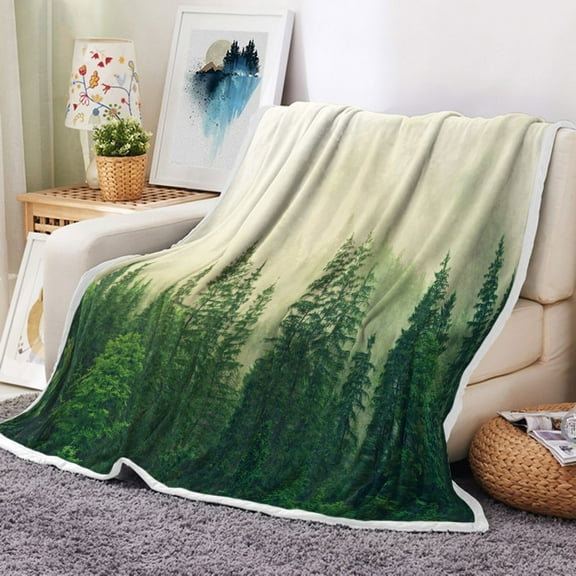 Rustic Nature Forest Throw Blanket, Green Misty Forest Pine Tree Throw Flannel Blankets for Couch & Bed, Cool Nature Scenery Landscape Plush Cozy Fuzzy Blanket 50" x 60", Super Soft & Warm Blankets