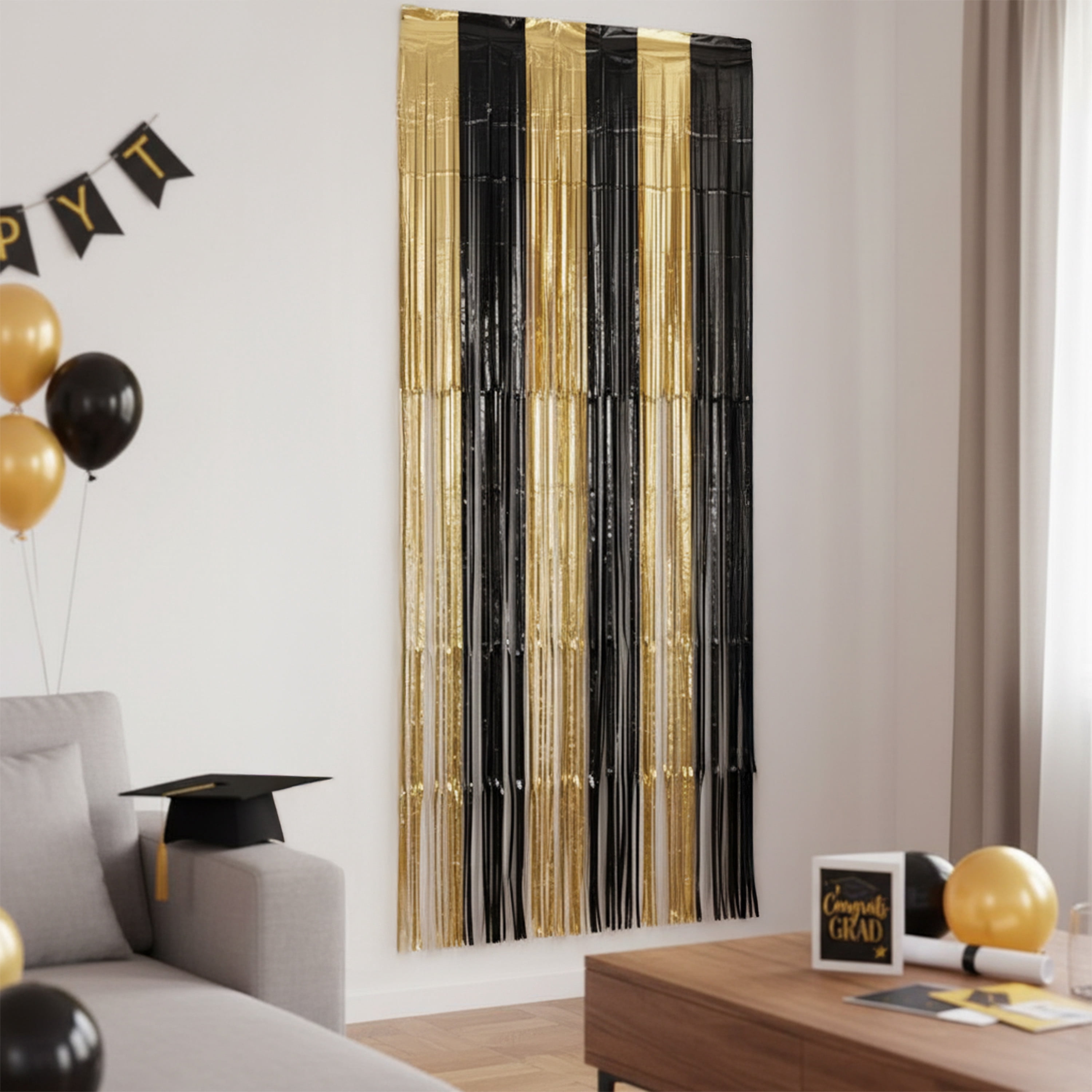 Graduation 1 Count Black, Gold Foil Fringe Curtain Decor, 3ft x 8ft, PET,Adult, Decoration, Graduation, Brand Way To Celebrate