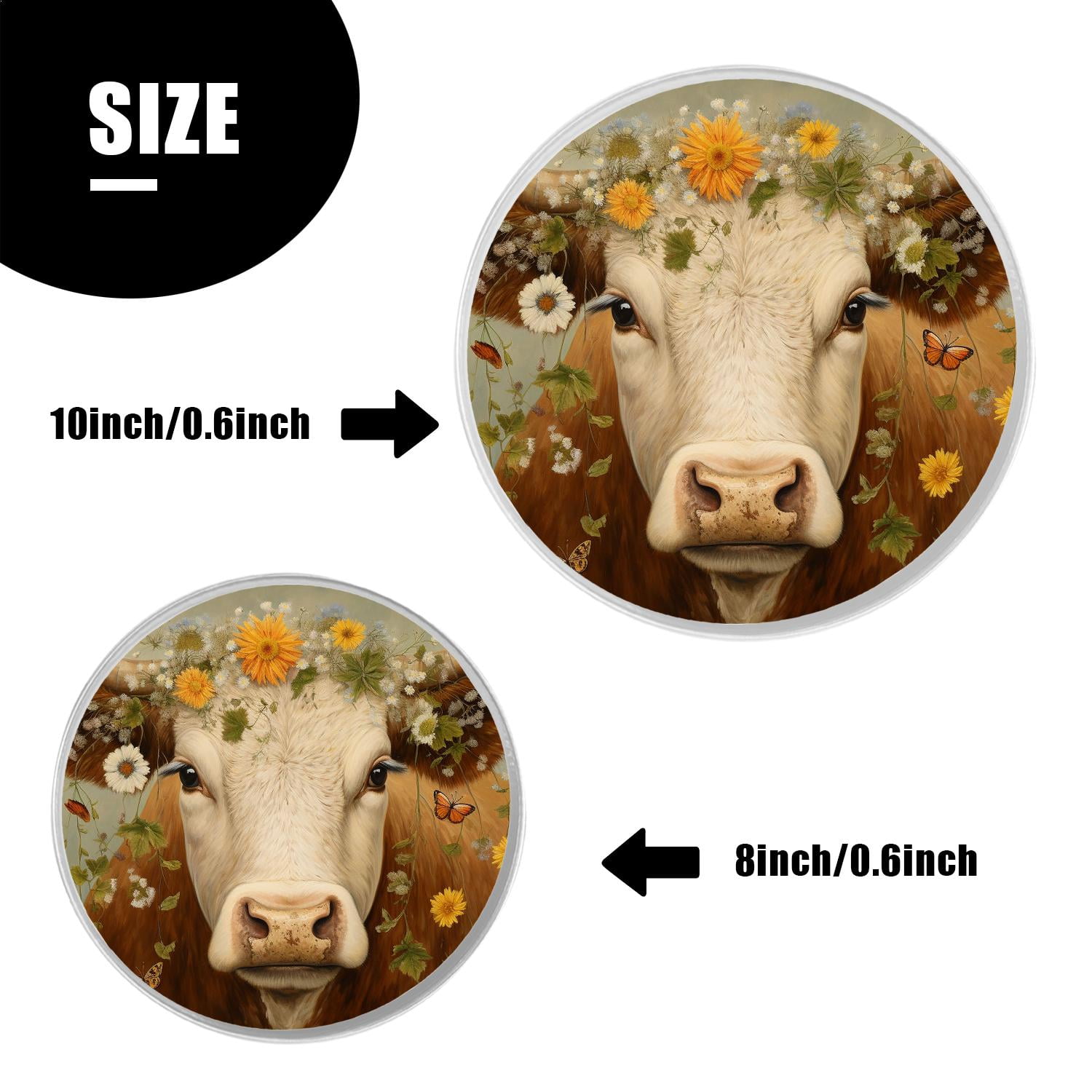 Round Stove Burner Covers 4 Pcs for Metal Gas Stove Burner Cover 8Inch And 10Inch ,Farmhouse Cow Flower Wooden illustration